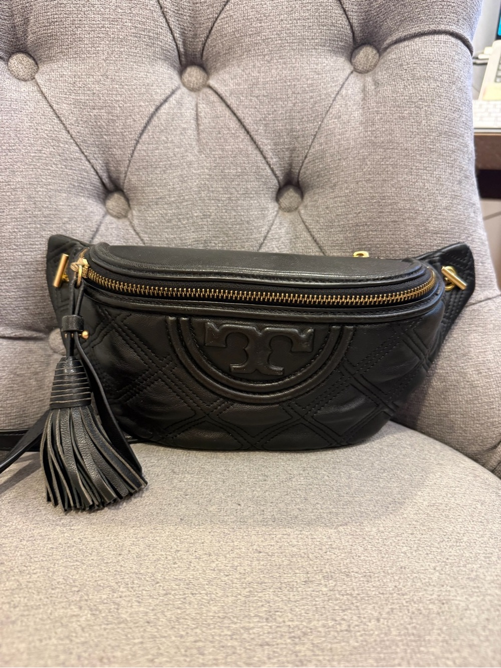 Tory Burch Black Quilted Leather Crossbody Belt Bag with Tassel